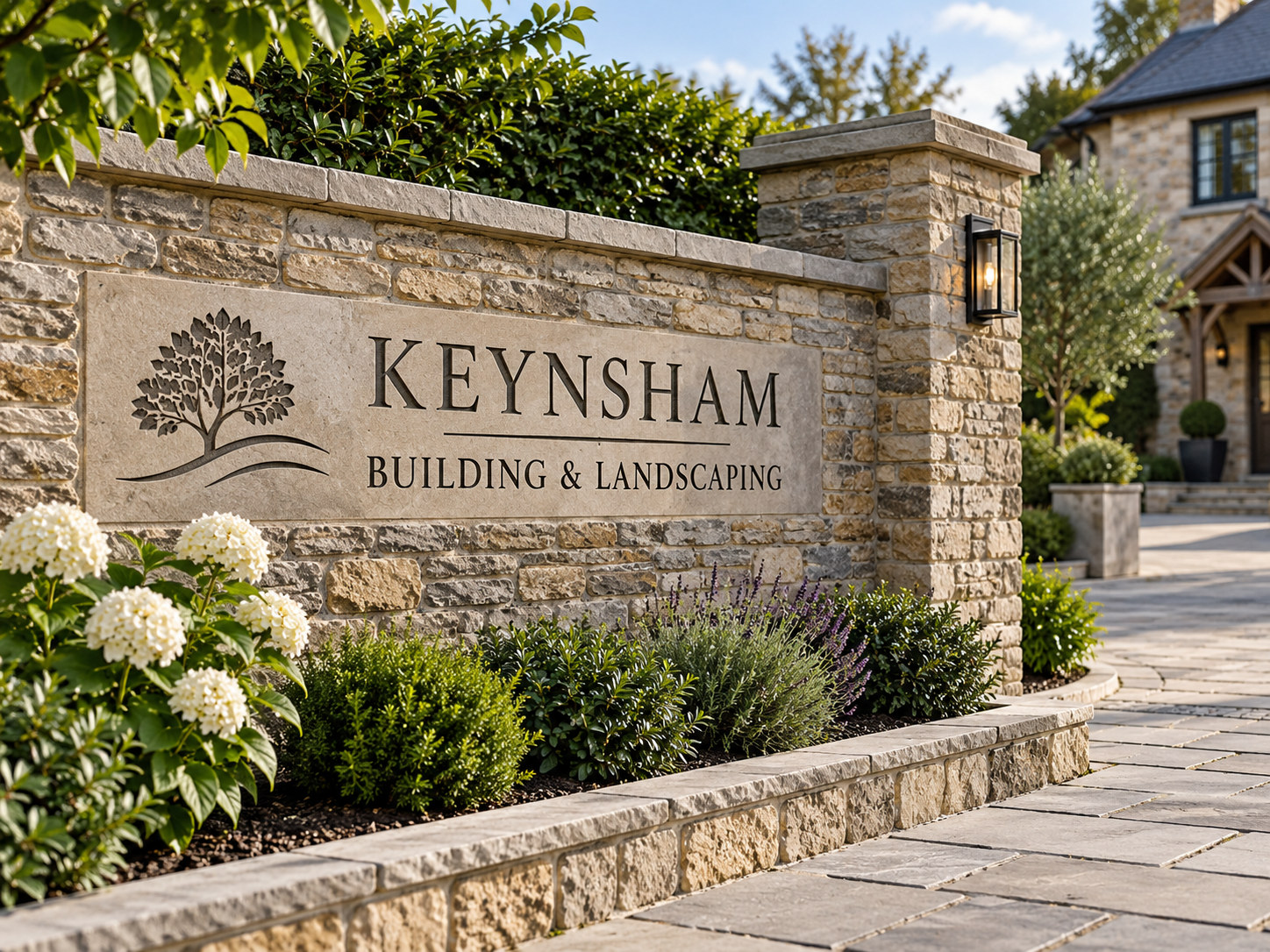 Concept visualisation of an elegant natural stone entrance wall with Keynsham Building & Landscaping branding